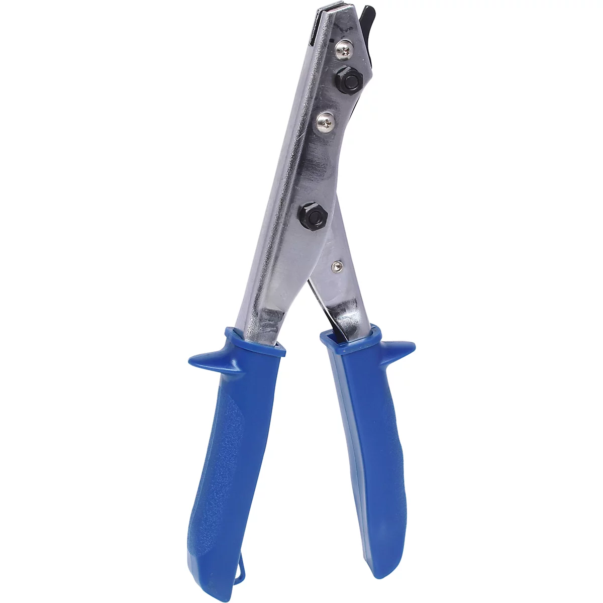 Eine Metallzange mit blauem Griff. Der Nietkopf ist grau, und ein schwarzer Hebel befindet sich oben.