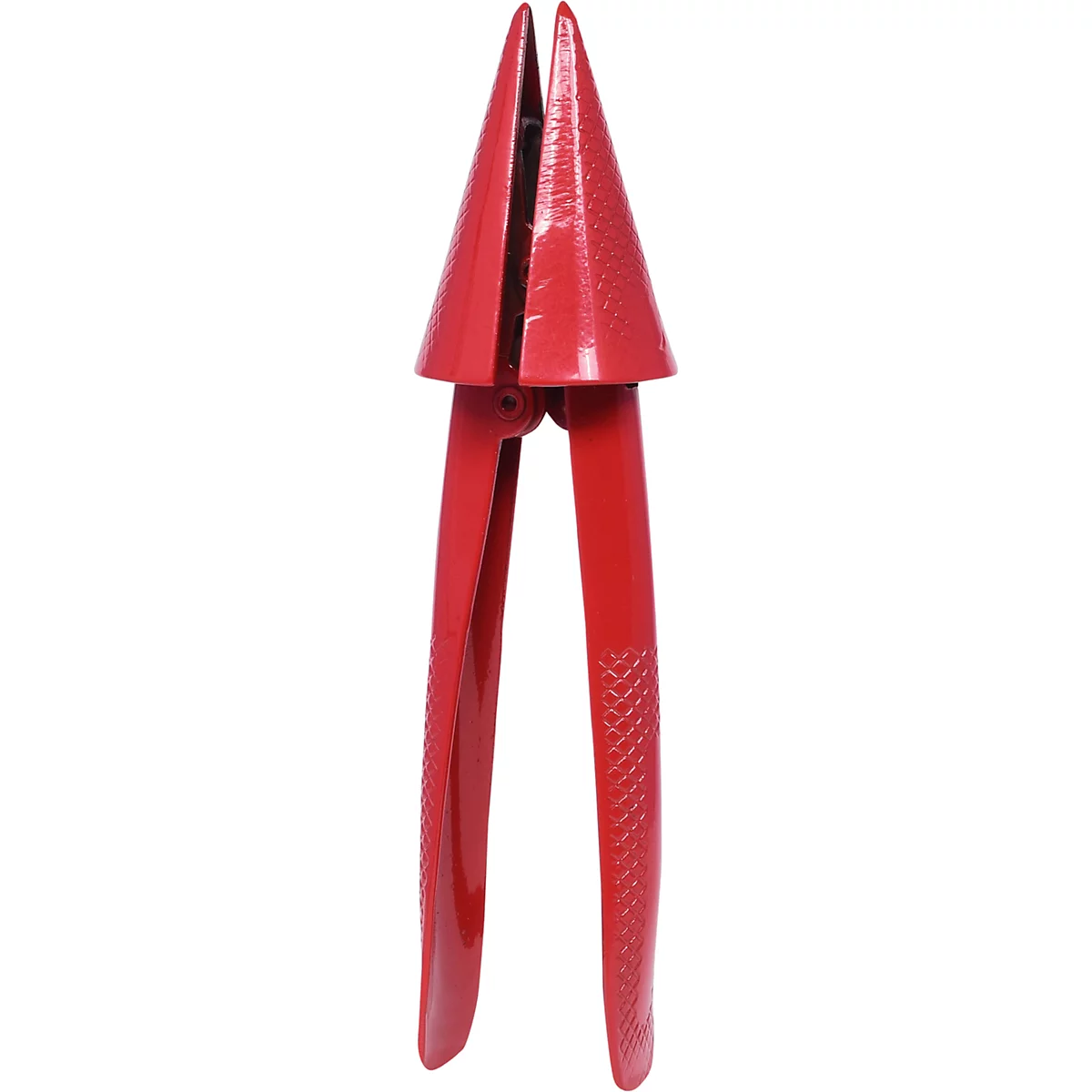 Rote Zitronenschale aus Metall, geformt wie eine Zange.