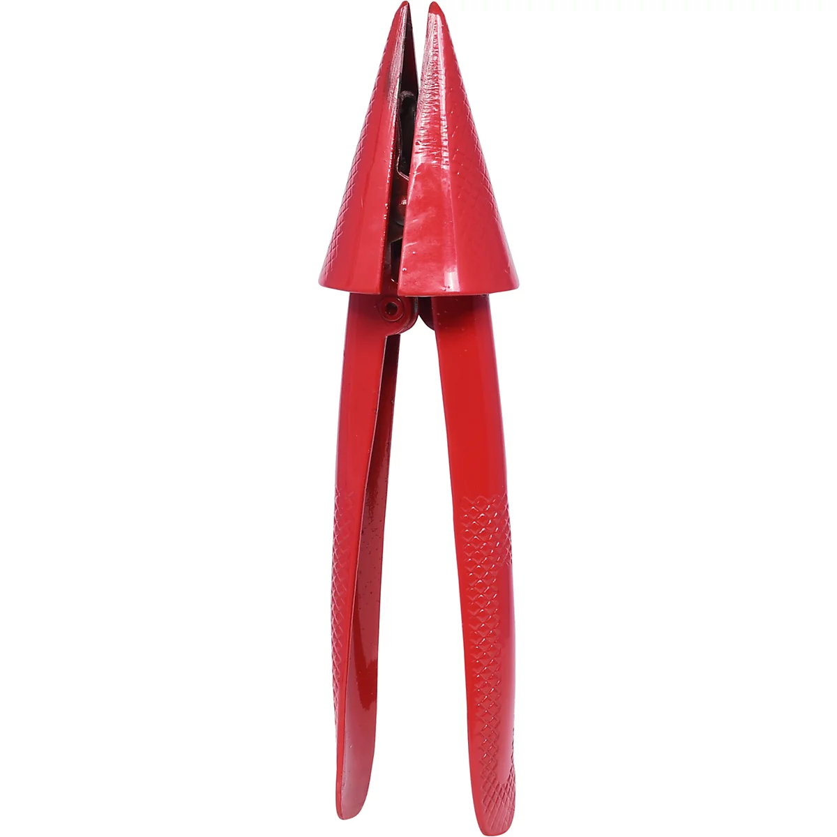 Rote Zitronenpresse, spitz zulaufend, mit Griffen. Aus Kunststoff.