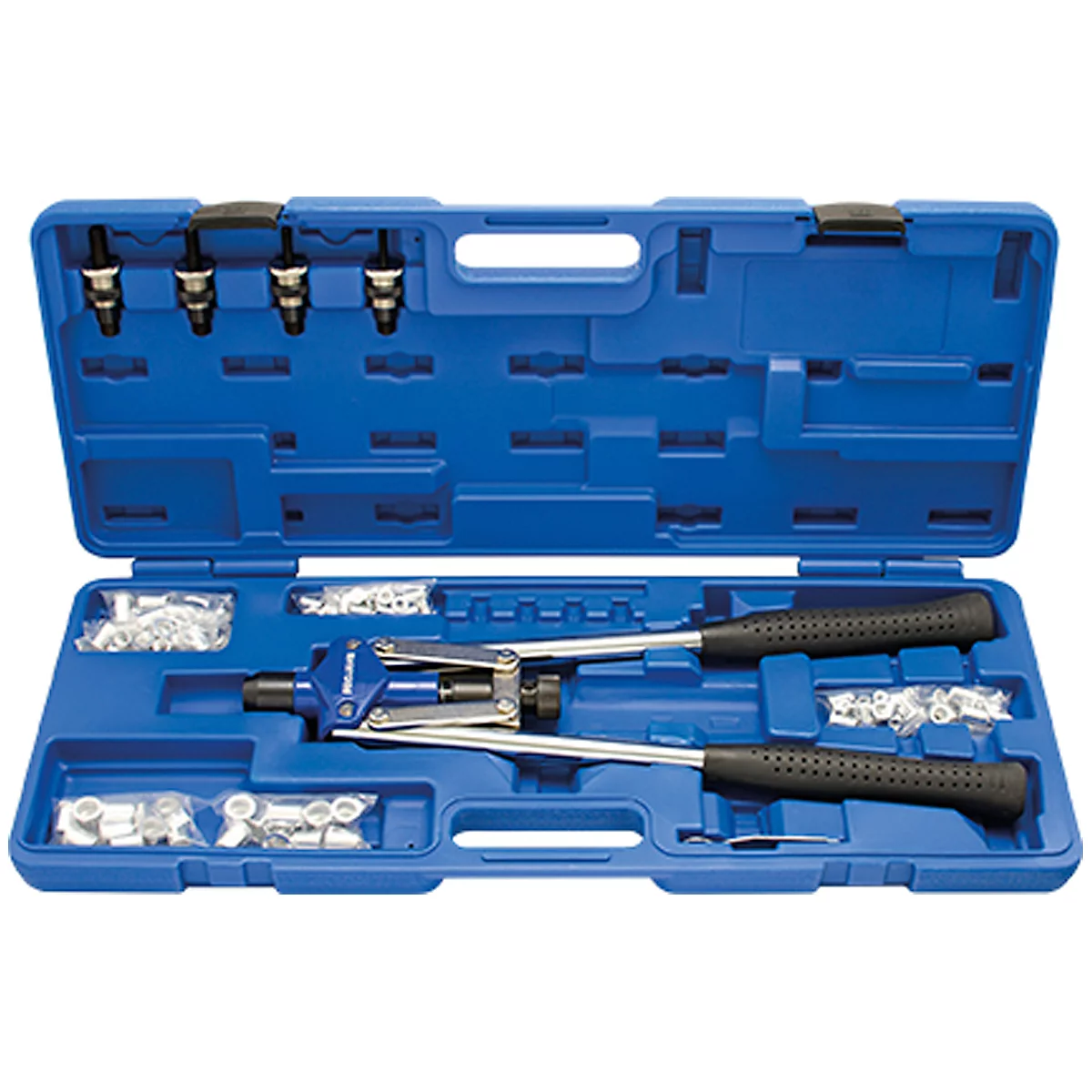 Blue riveter in a blue toolbox. Includes rivets and accessories.