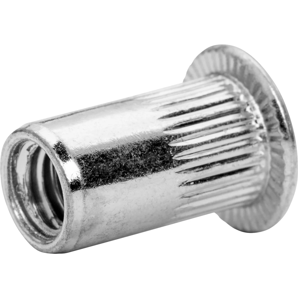 Metal rivet nut. Silver-colored, with thread and knurled outer surface.