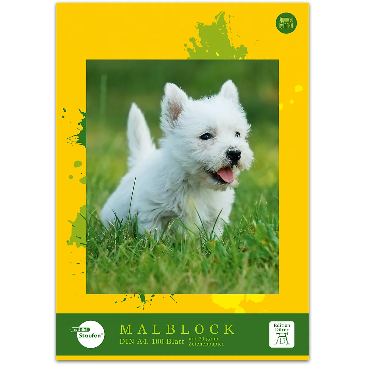 Un chiot blanc est assis dans l'herbe, la bouche ouverte. Un bloc de dessin est représenté sur un fond jaune.