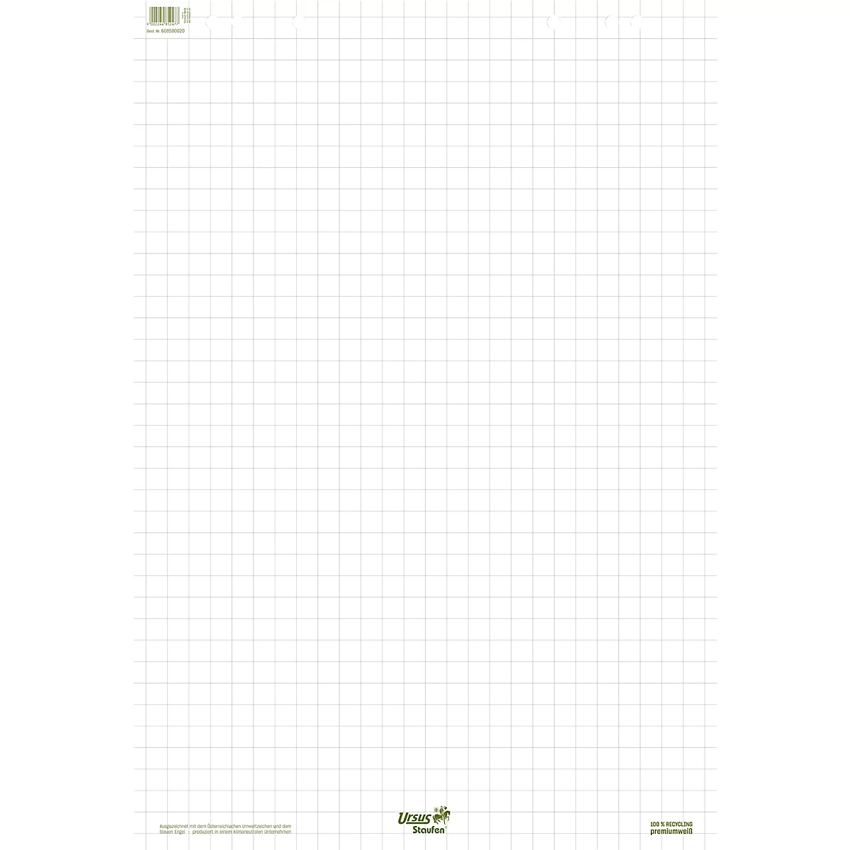 Papier quadrillé blanc avec des lignes vertes. Logo et lettrage visibles en bas.