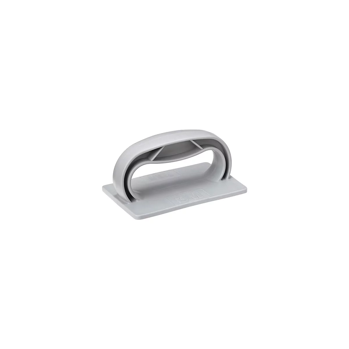 Poignée grise et ergonomique pour outils avec prise. Poignée incurvée en haut avec une base rectangulaire. Logo 3M.