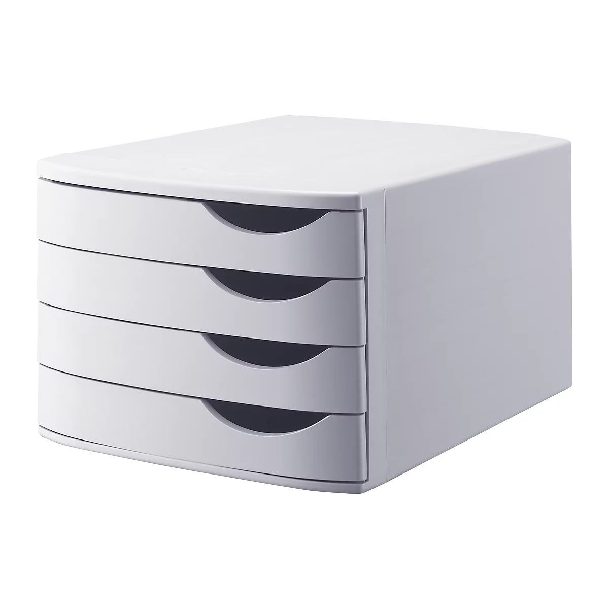 Commode blanche à quatre tiroirs. Les poignées sont arrondies et gris foncé.