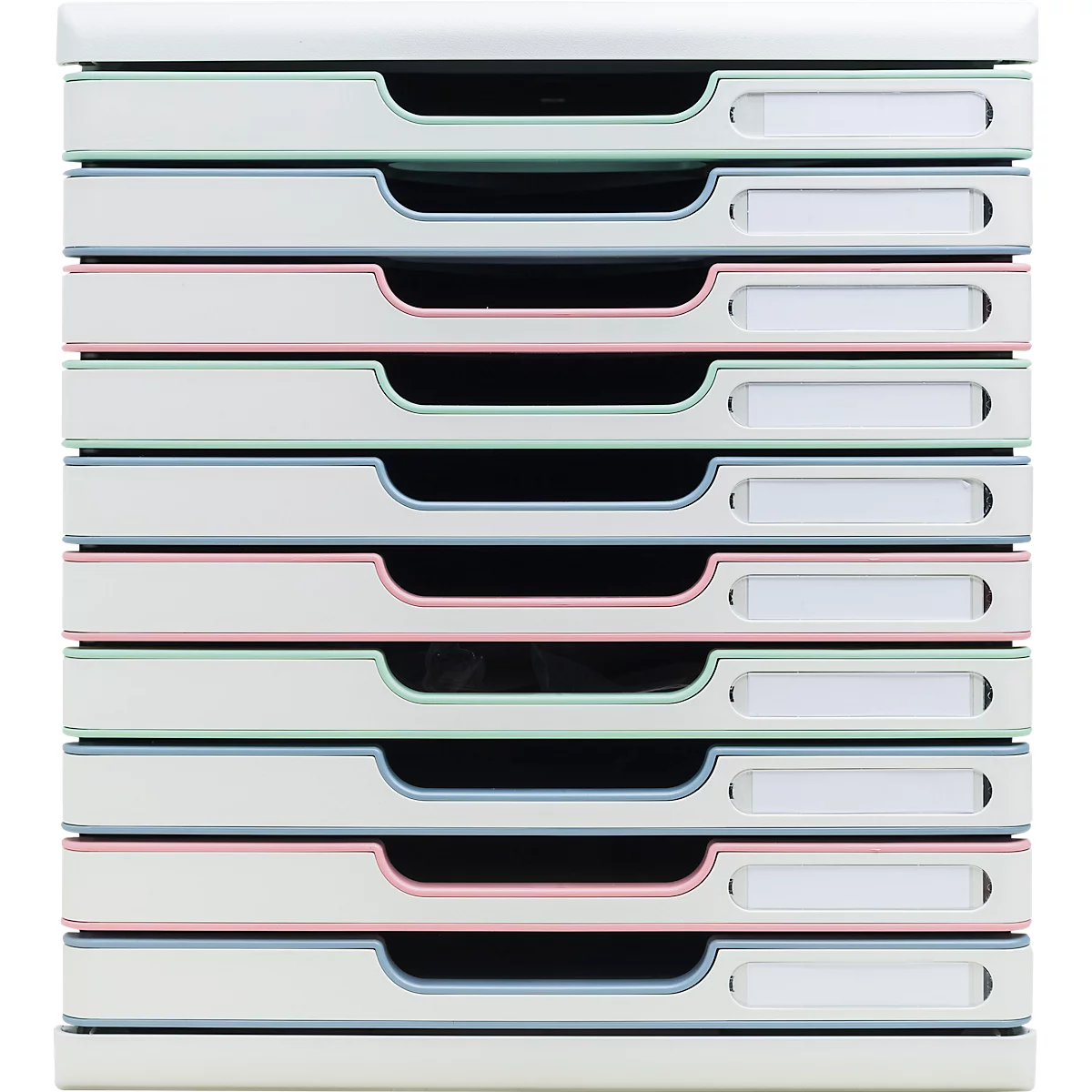 Un système de classement blanc avec dix tiroirs, mis en valeur par des accents colorés en rose, bleu et vert.