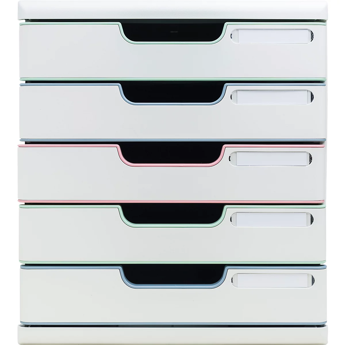 Meuble à tiroirs blanc avec cinq tiroirs. Chaque tiroir a une poignée noire et un bord coloré, dont vert, rose et bleu.