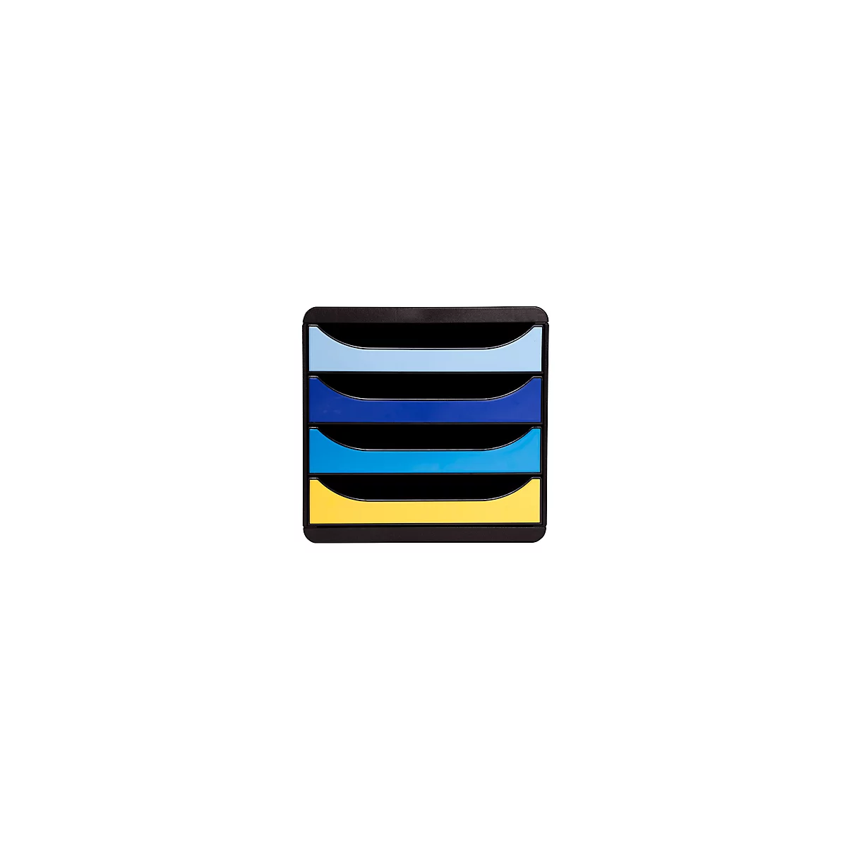 Plateau de classement à quatre compartiments colorés : bleu clair, bleu foncé, turquoise et jaune. Cadre noir.