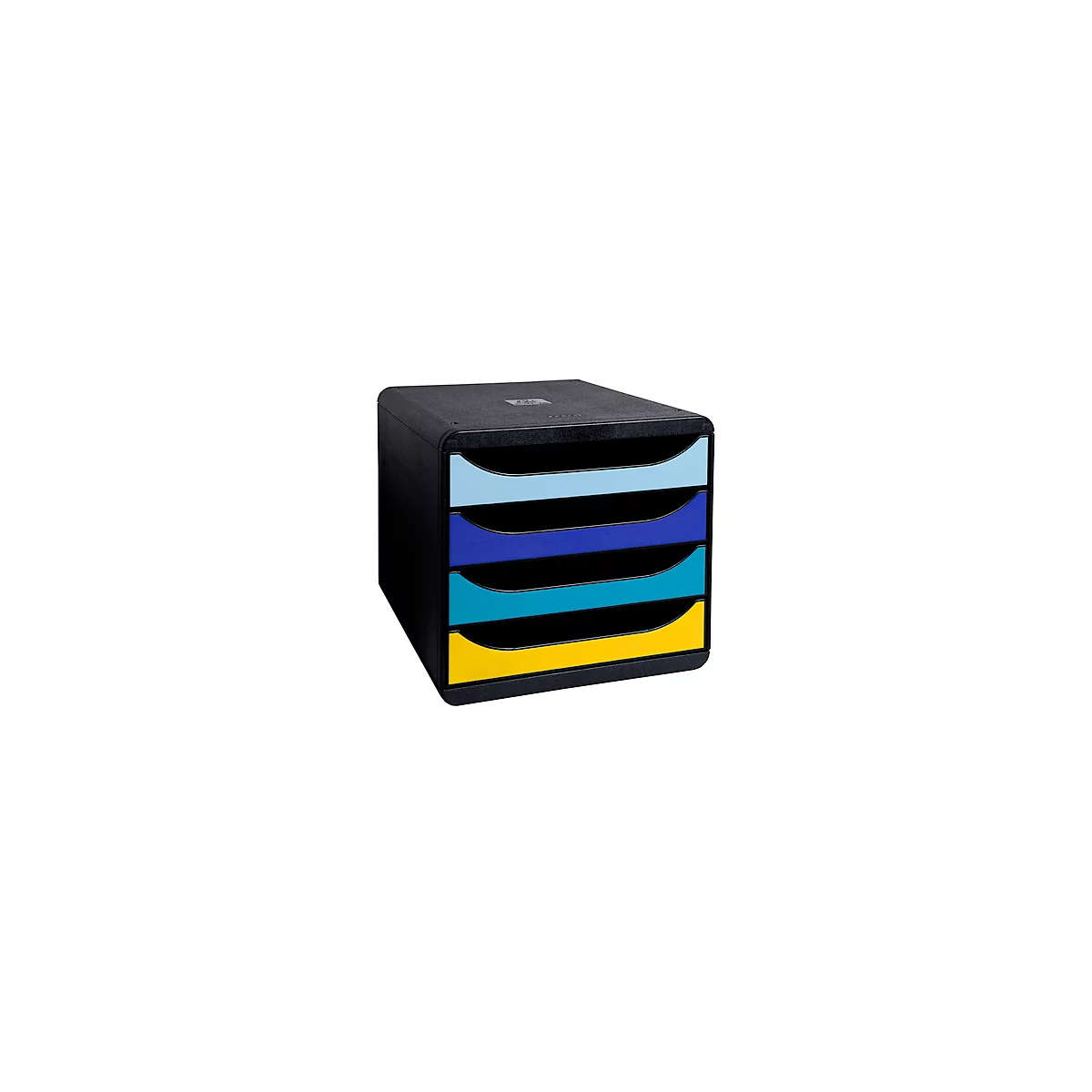 Système de rangement noir avec quatre tiroirs colorés : bleu clair, bleu, turquoise et jaune.