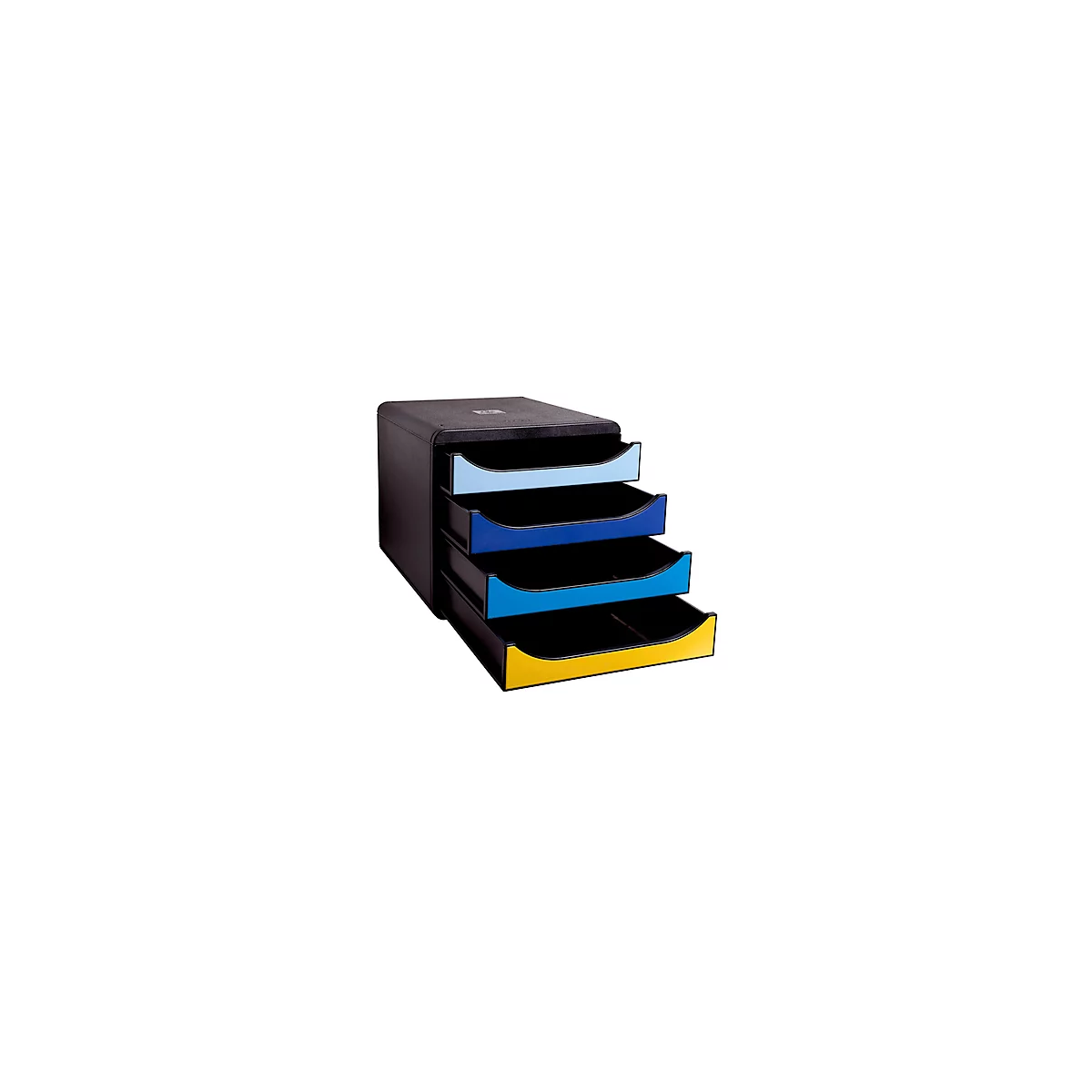 Système de classement noir multicouche avec quatre tiroirs mis en valeur par le bleu et le jaune.