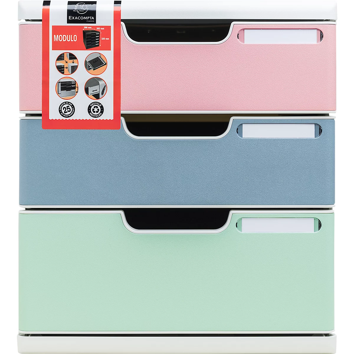 Boîte à tiroirs multicolore avec trois tiroirs en rose, bleu et vert menthe. Un cadre blanc en haut et un autre tiroir en bas.