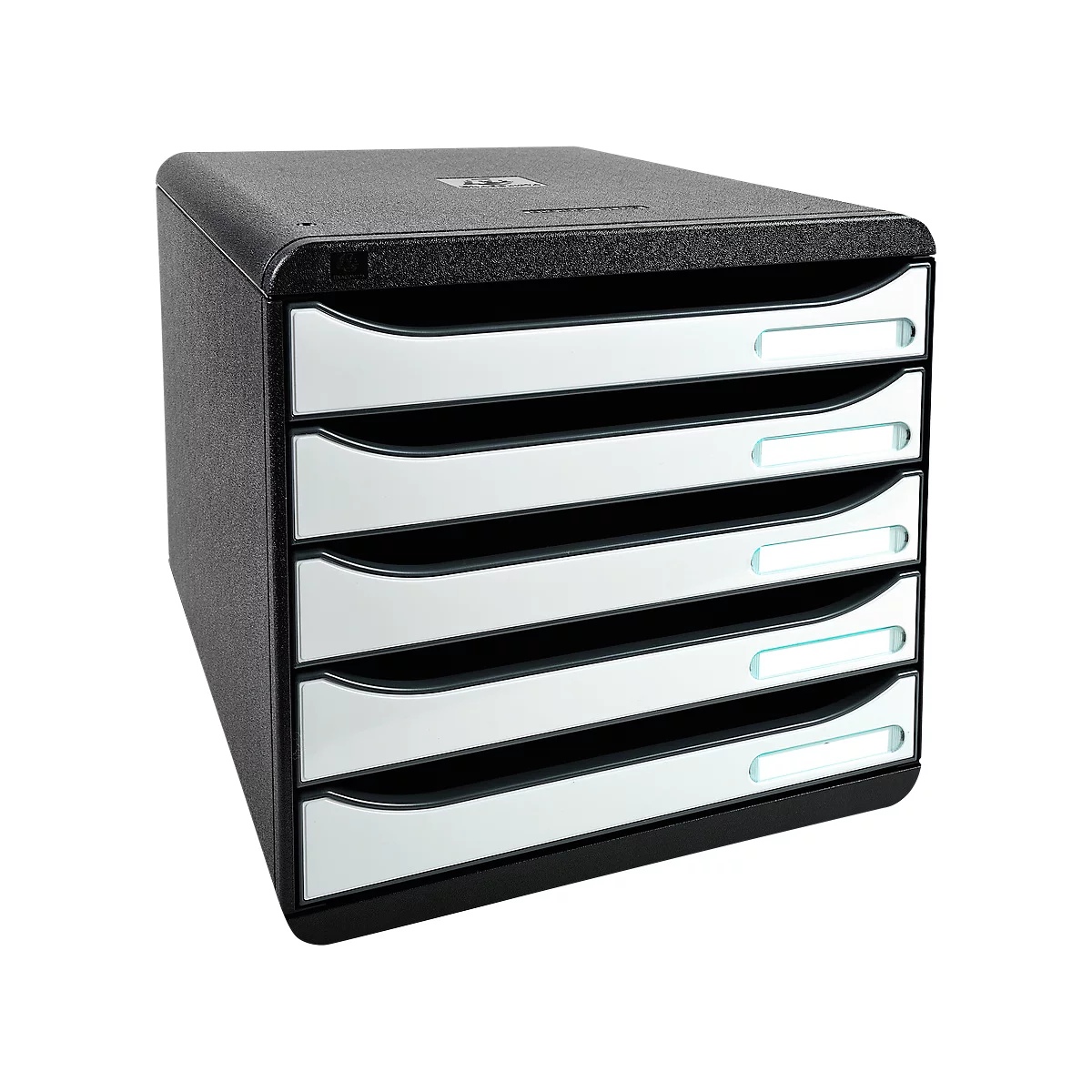 Bloc à tiroirs BIG-BOX PLUS, A4+, 5 tiroirs semi-ouverts avec butée de sortie, poignée encastrée et porte-étiquettes, noir-blanc
