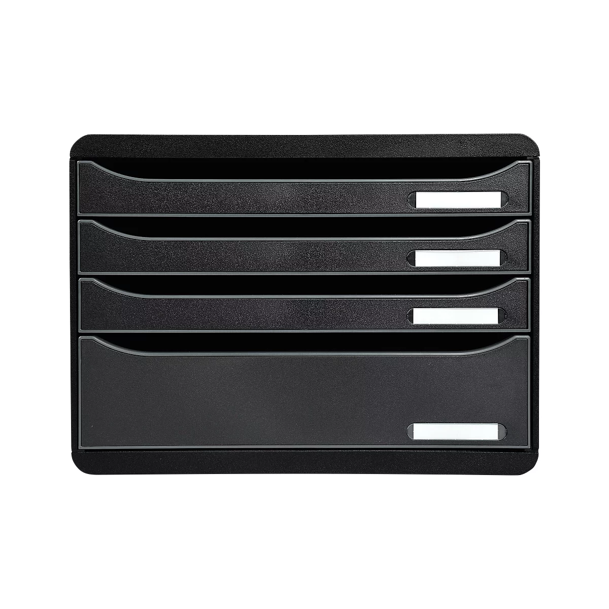 Organiseur de fichiers vertical noir avec quatre compartiments et champs d'étiquettes.