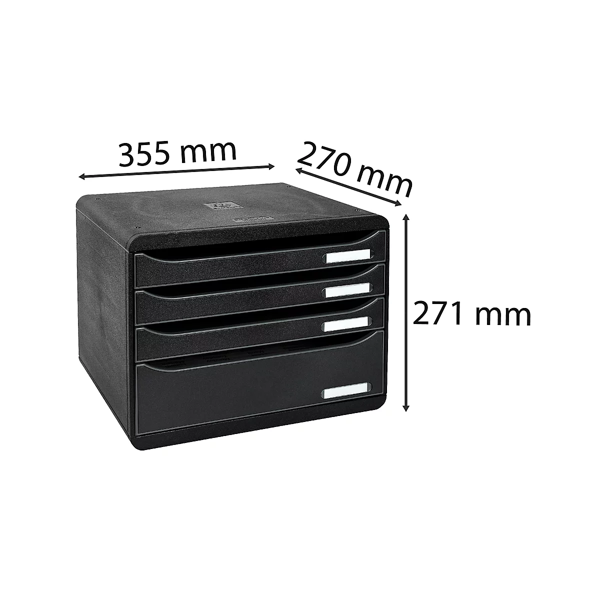 Meuble de rangement noir avec quatre compartiments et dimensions. Dessus 355 mm x 270 mm, hauteur 271 mm.