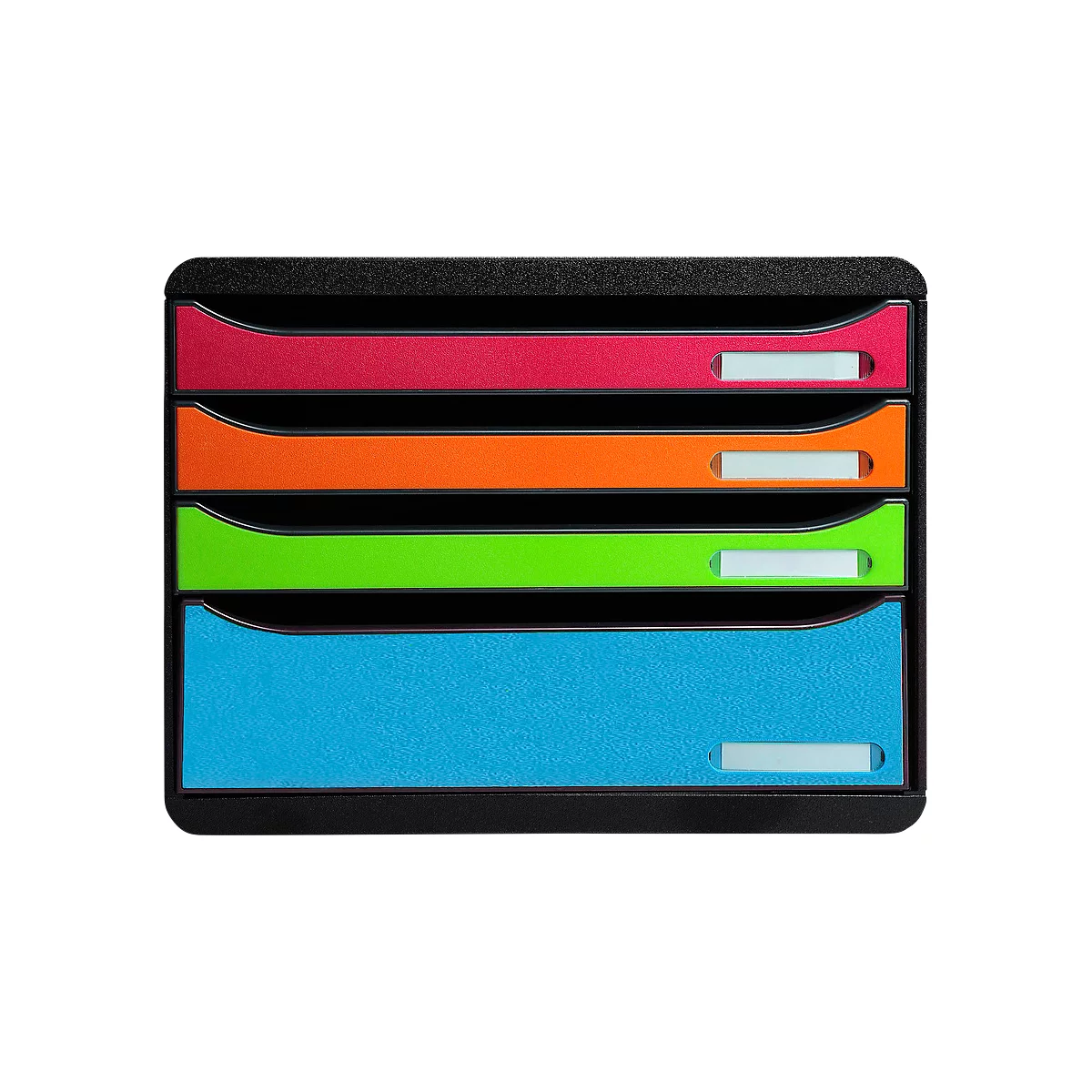 Bac à courrier noir avec quatre tiroirs colorés : rouge, orange, vert et bleu. Chaque tiroir a une étiquette de nom blanche.