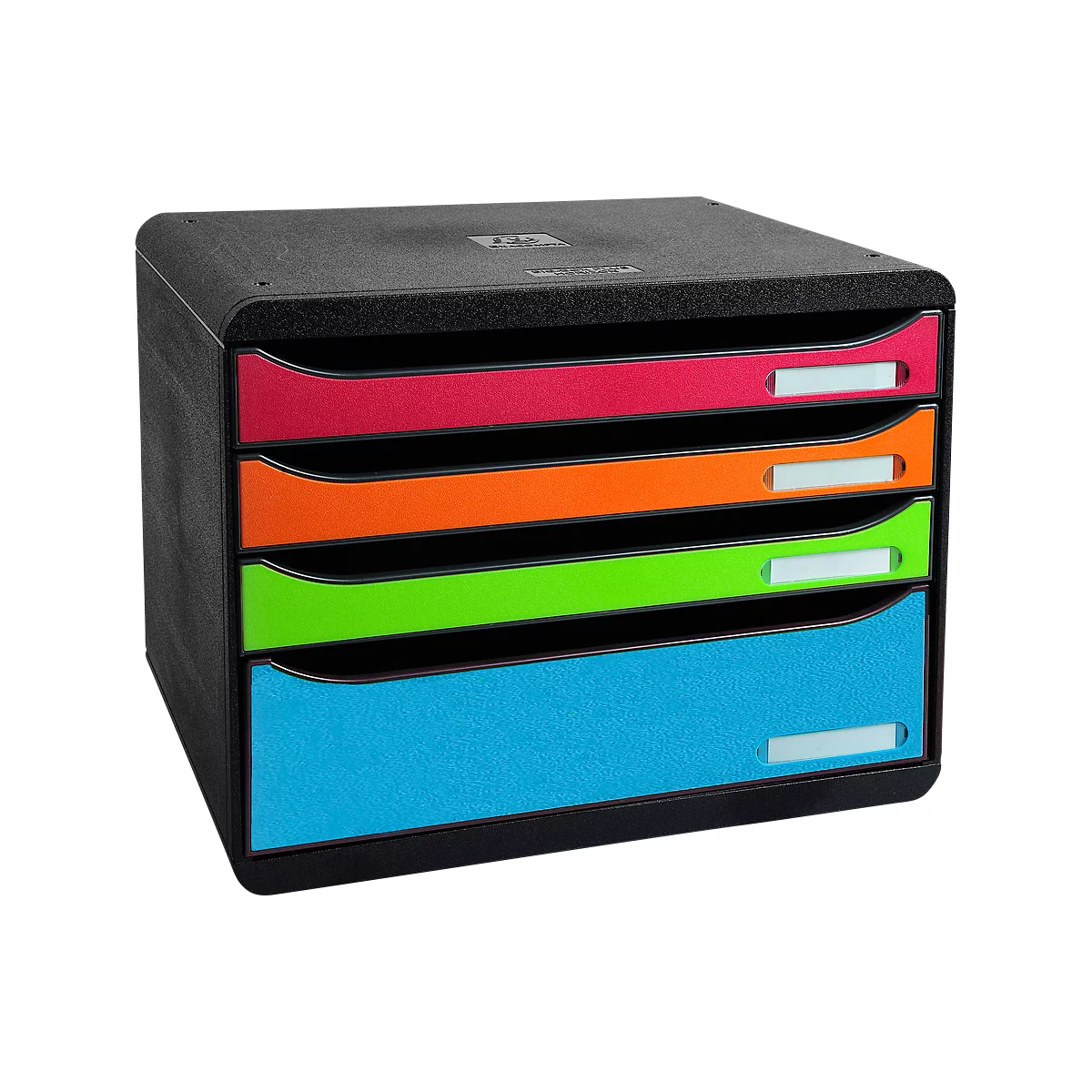 Organisateur de fichiers noir avec quatre tiroirs colorés : rouge, orange, vert et bleu. Chaque tiroir a une zone d'étiquette blanche.
