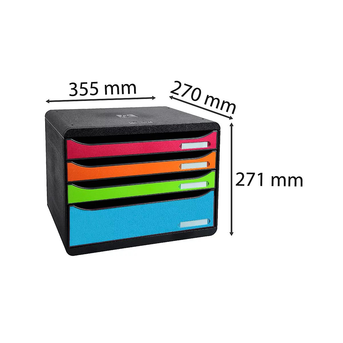 Boîte empilable noire avec quatre tiroirs rose, orange, vert et bleu. Dimensions en mm spécifiées.