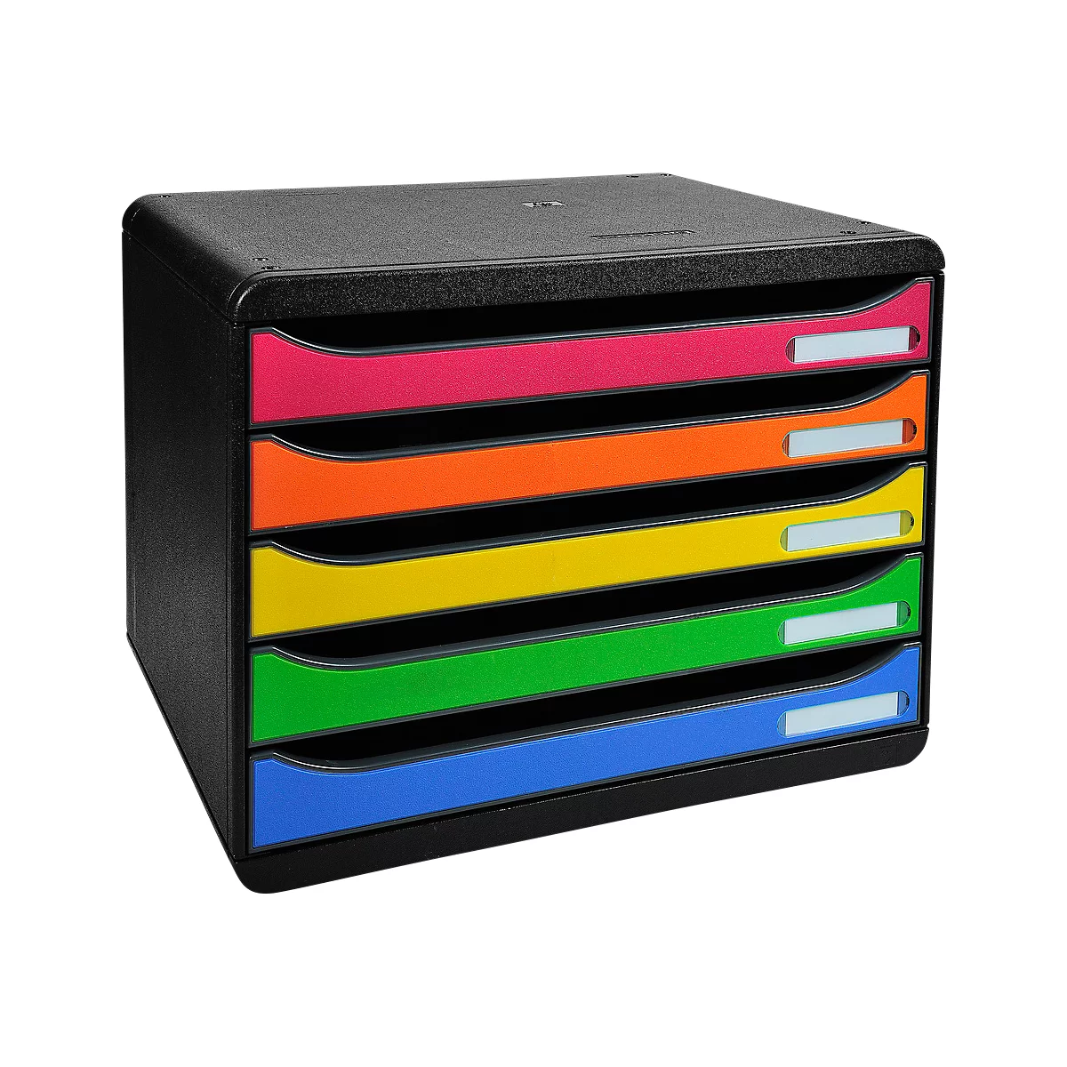 Organisateur de bureau noir avec cinq tiroirs colorés: rouge, orange, jaune, vert et bleu. Chaque tiroir a un champ d'étiquette blanc.