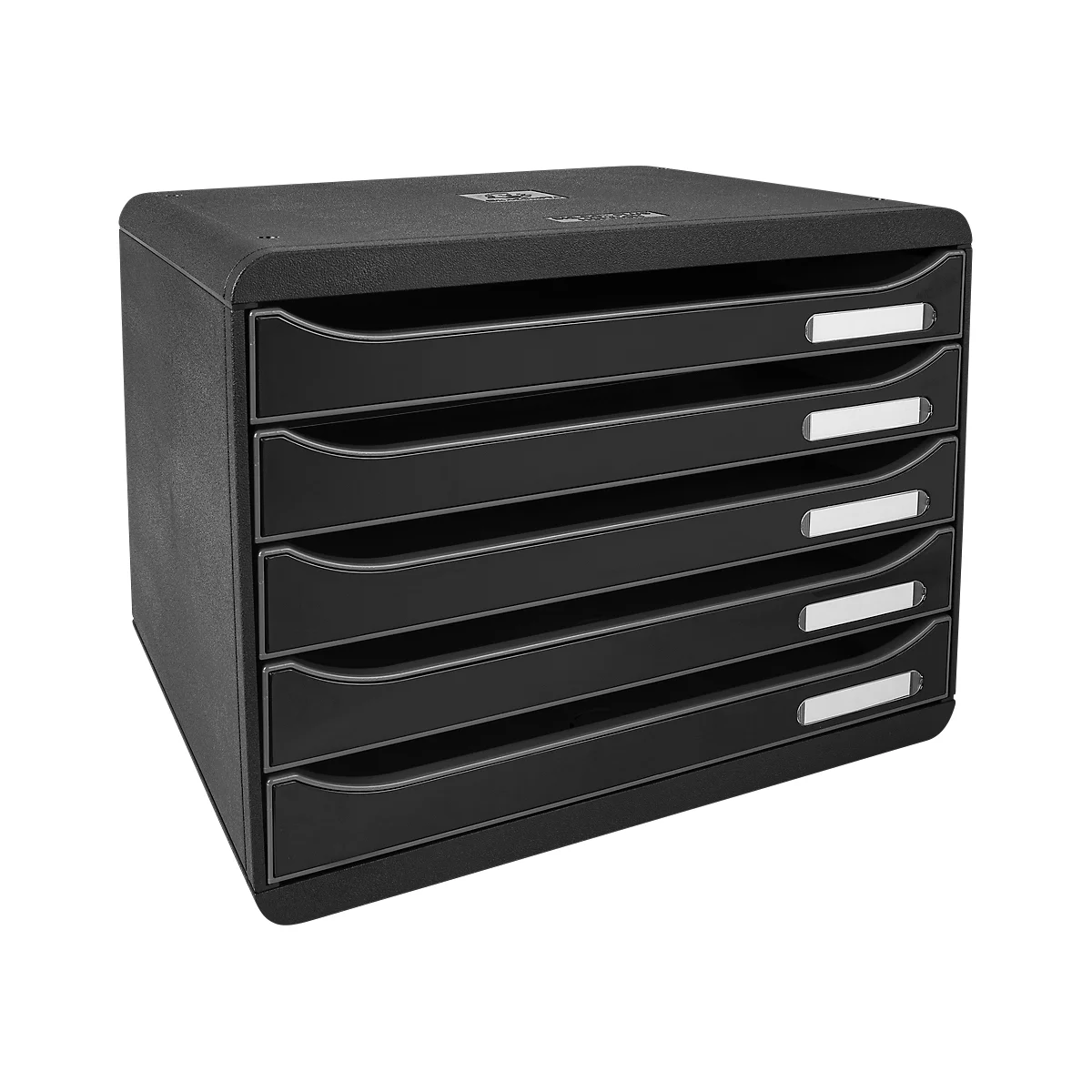 Organisateur de bureau noir avec cinq tiroirs et étiquettes blanches. Fabriqué en plastique.