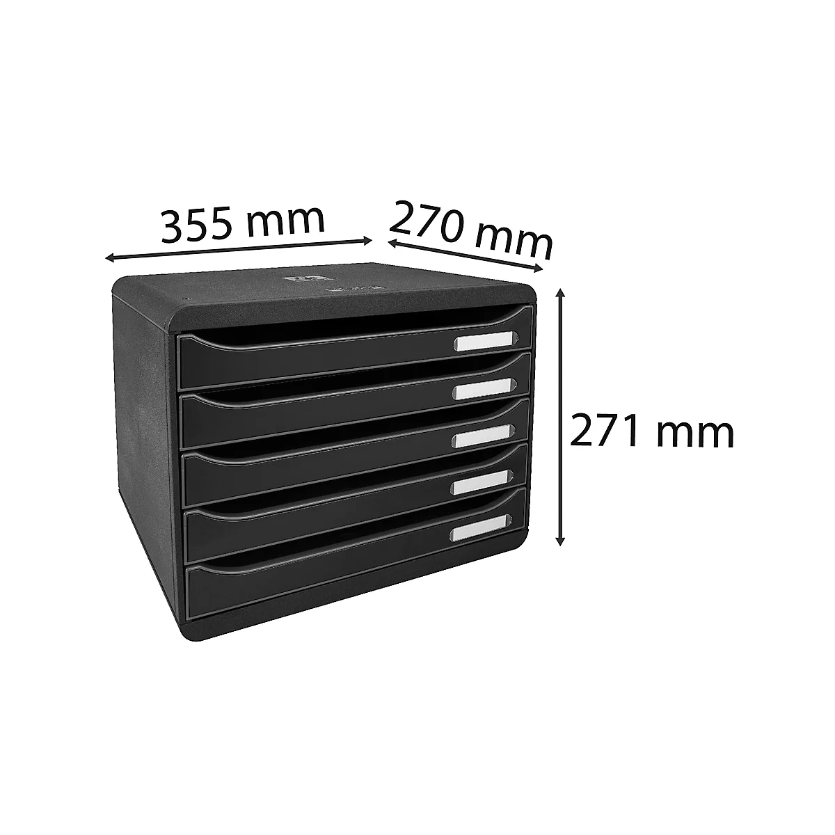 Organisateur de bureau noir avec 5 tiroirs et spécifications de taille.