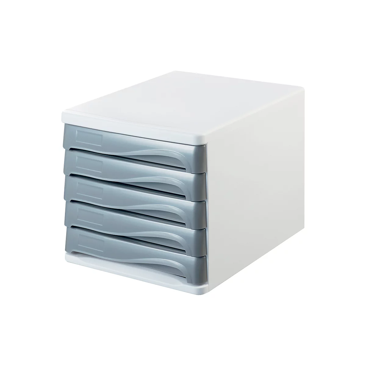 Un caisson à tiroirs blanc avec cinq façades de tiroirs grises et incurvées sur fond blanc.