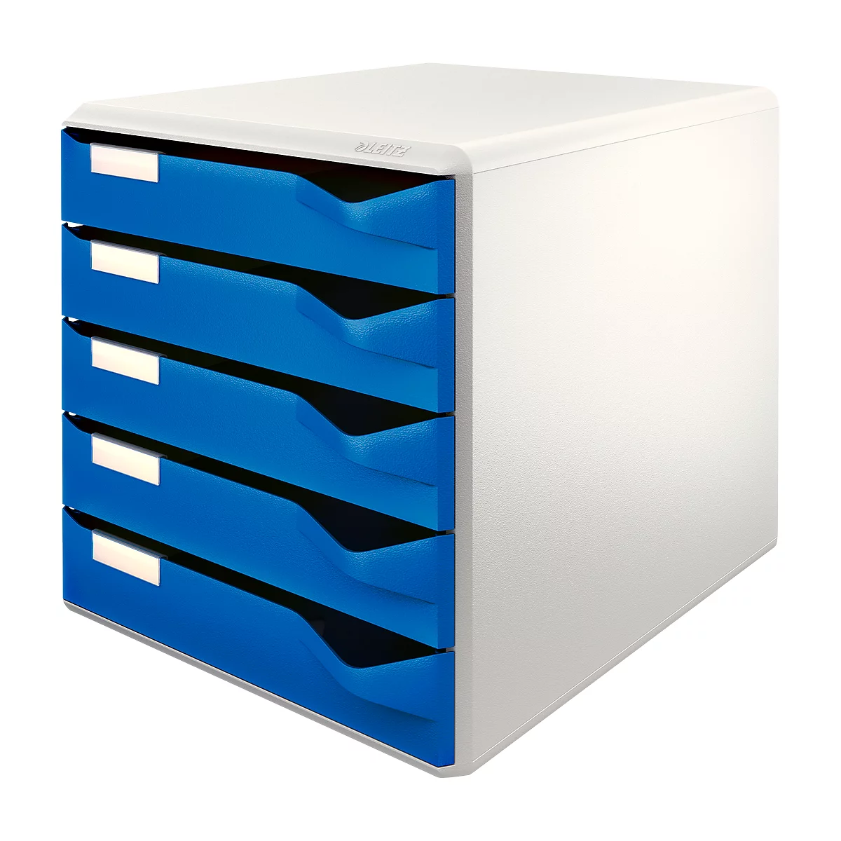 Meuble de rangement de bureau blanc avec cinq tiroirs bleus. Un nom de marque est en haut.