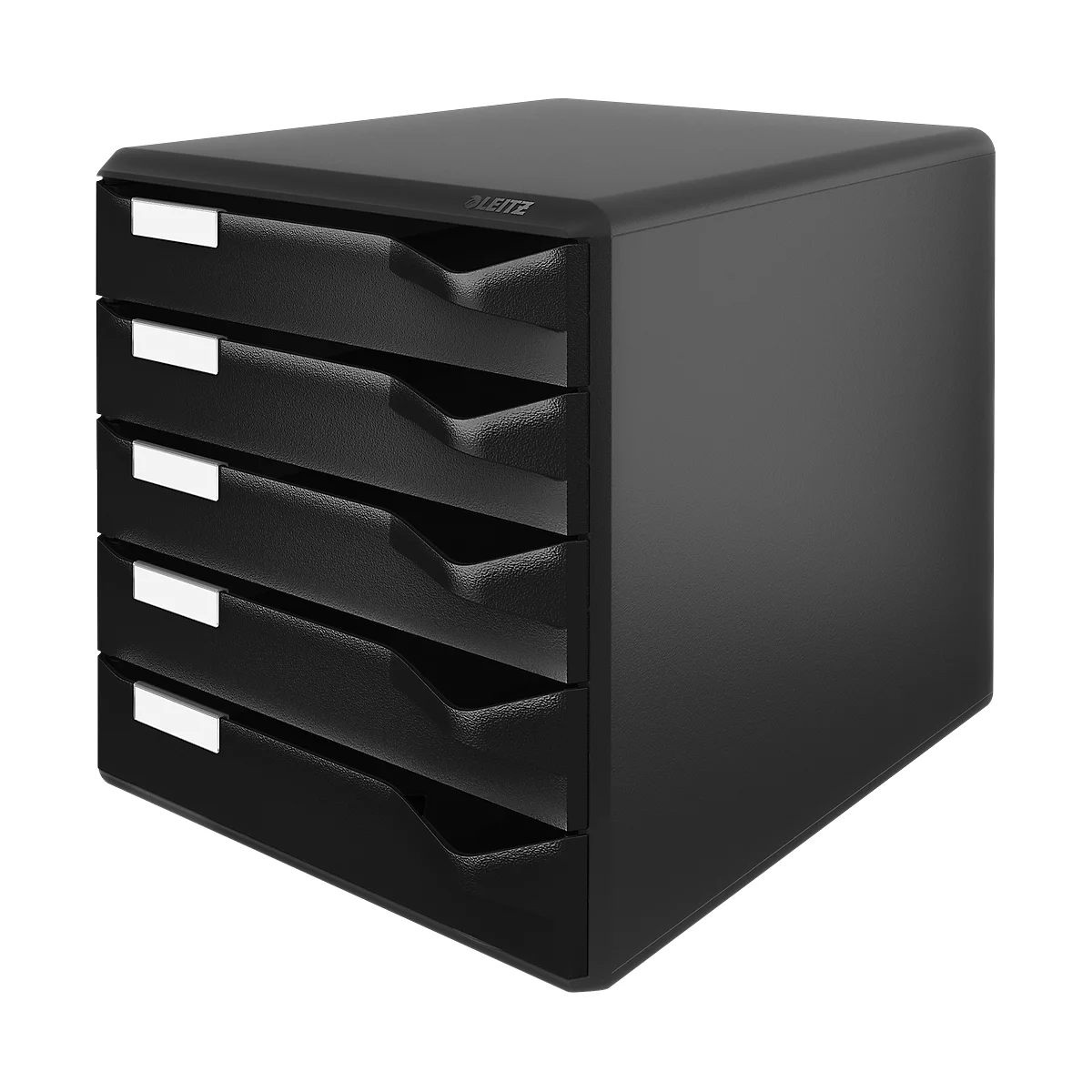 Armoire de bureau noire à tiroirs, avec cinq tiroirs et des étiquettes blanches. L'inscription 'Leitz' est visible en haut.