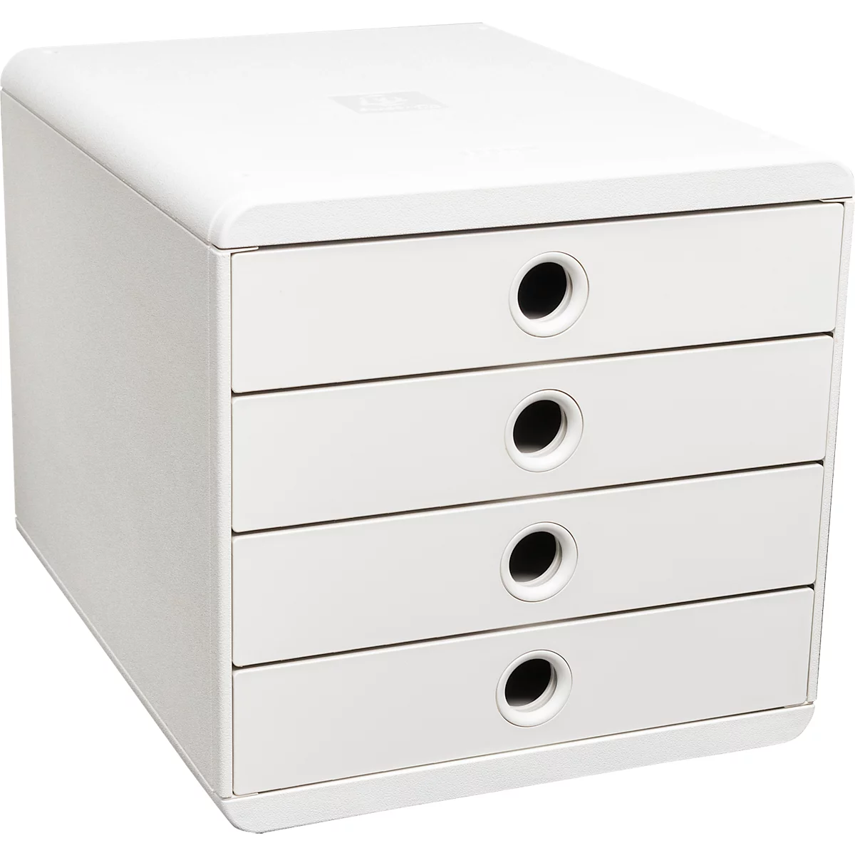 Meuble de rangement cubique blanc avec quatre tiroirs et des ouvertures de poignée noires.