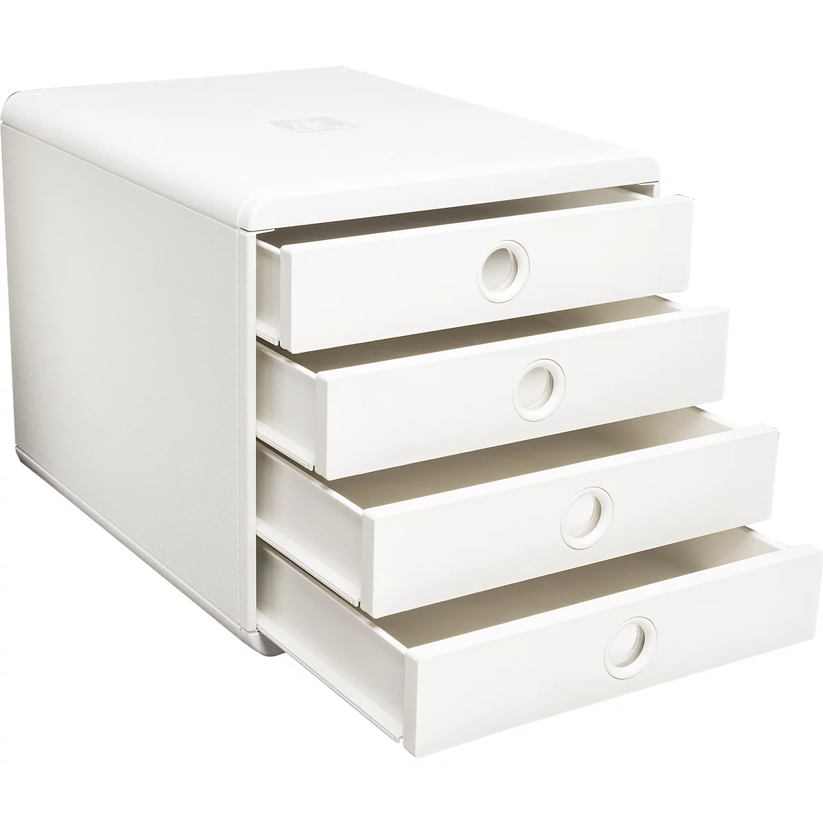 Système de tiroirs blanc avec quatre tiroirs ouverts, poignées rondes.