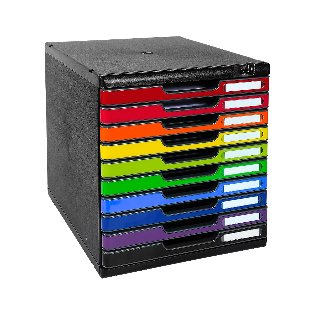 Boîte d'organisation avec tiroirs colorés. Chaque tiroir a une étiquette blanche. Boîtier noir.