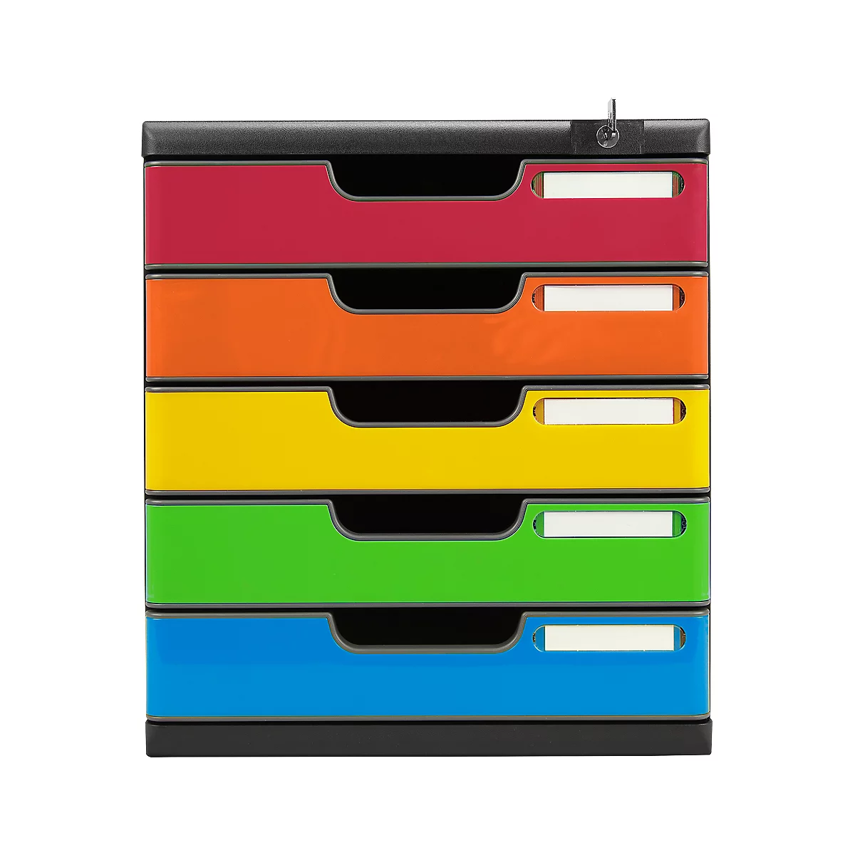 Boîte à tiroirs colorée avec cinq tiroirs rouges, oranges, jaunes, verts et bleus, avec poignées et boîtier noirs. Une serrure en haut.