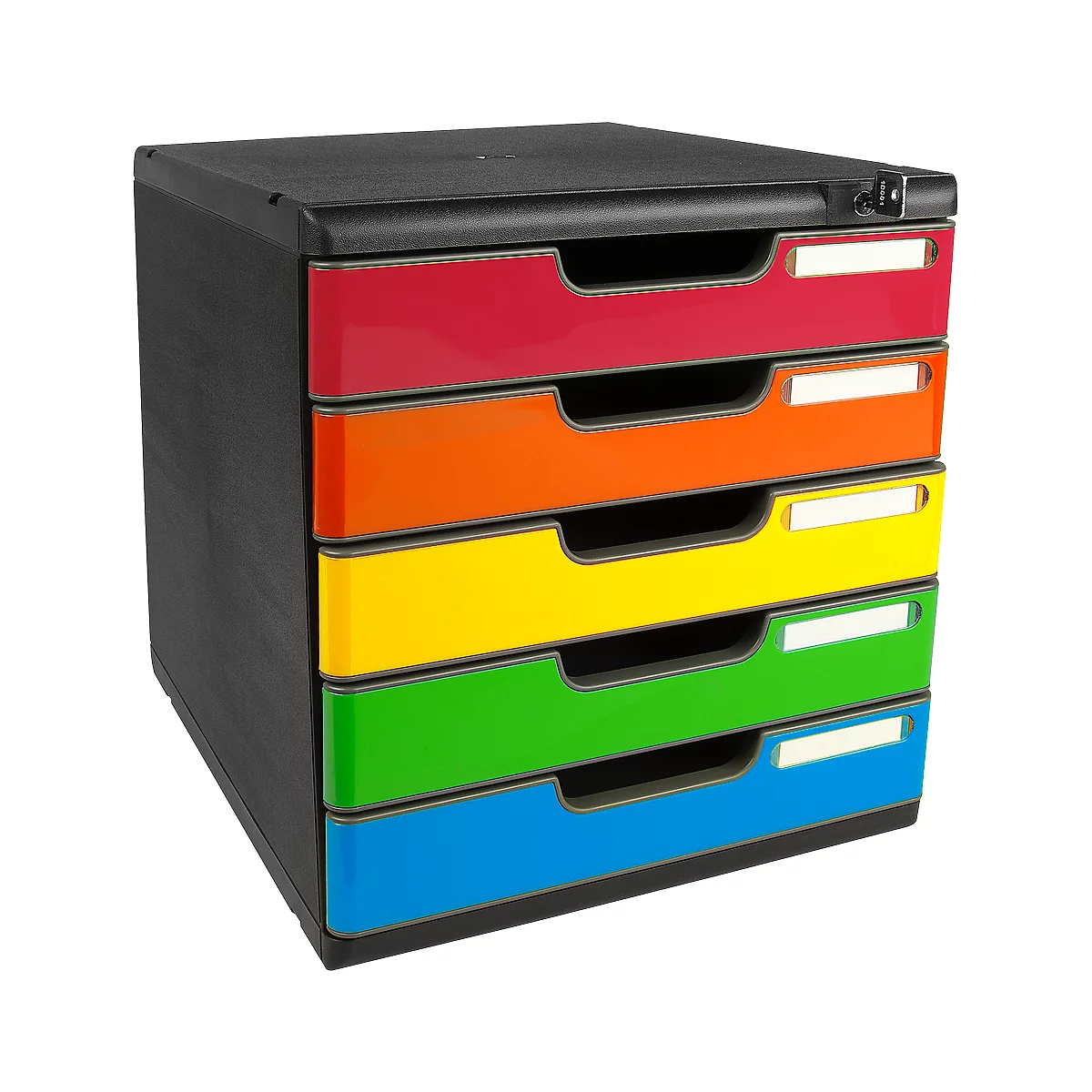 Meuble de bureau à tiroirs colorés : rouge, orange, jaune, vert et bleu. Corps noir et poignées encastrées. Avec champs d'étiquetage.