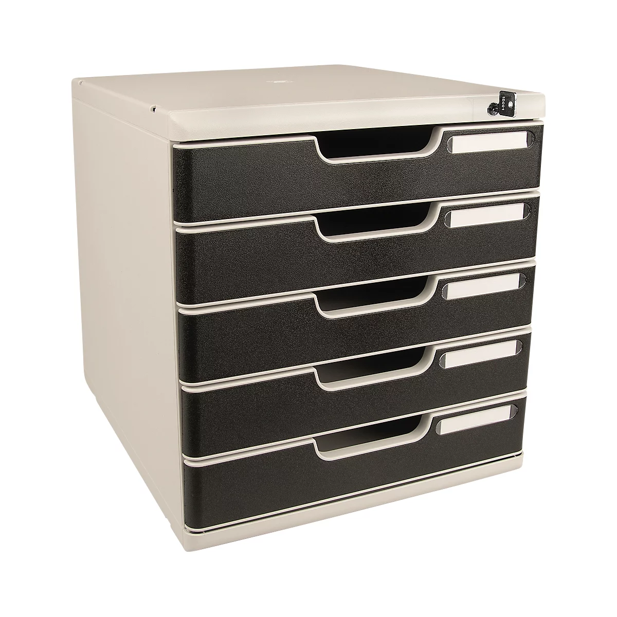 Boîte de classement à 5 tiroirs, gris clair avec tiroirs noirs et champs d'étiquetage blancs.