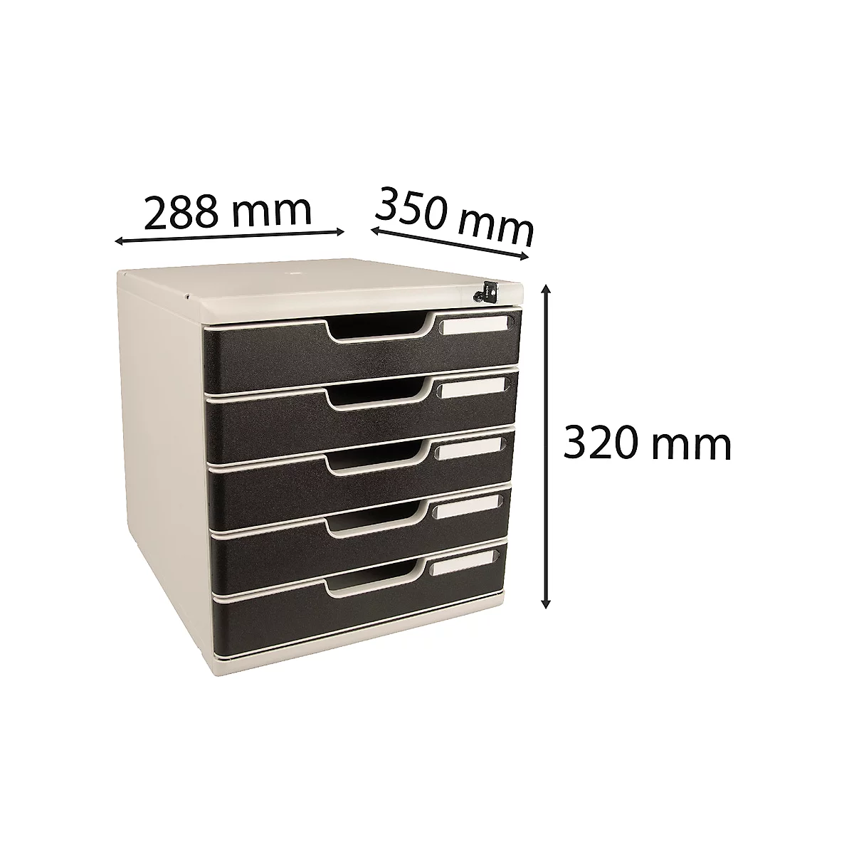 Un meuble de bureau gris à tiroirs avec 5 tiroirs. Dimensions : 288 mm x 350 mm x 320 mm.