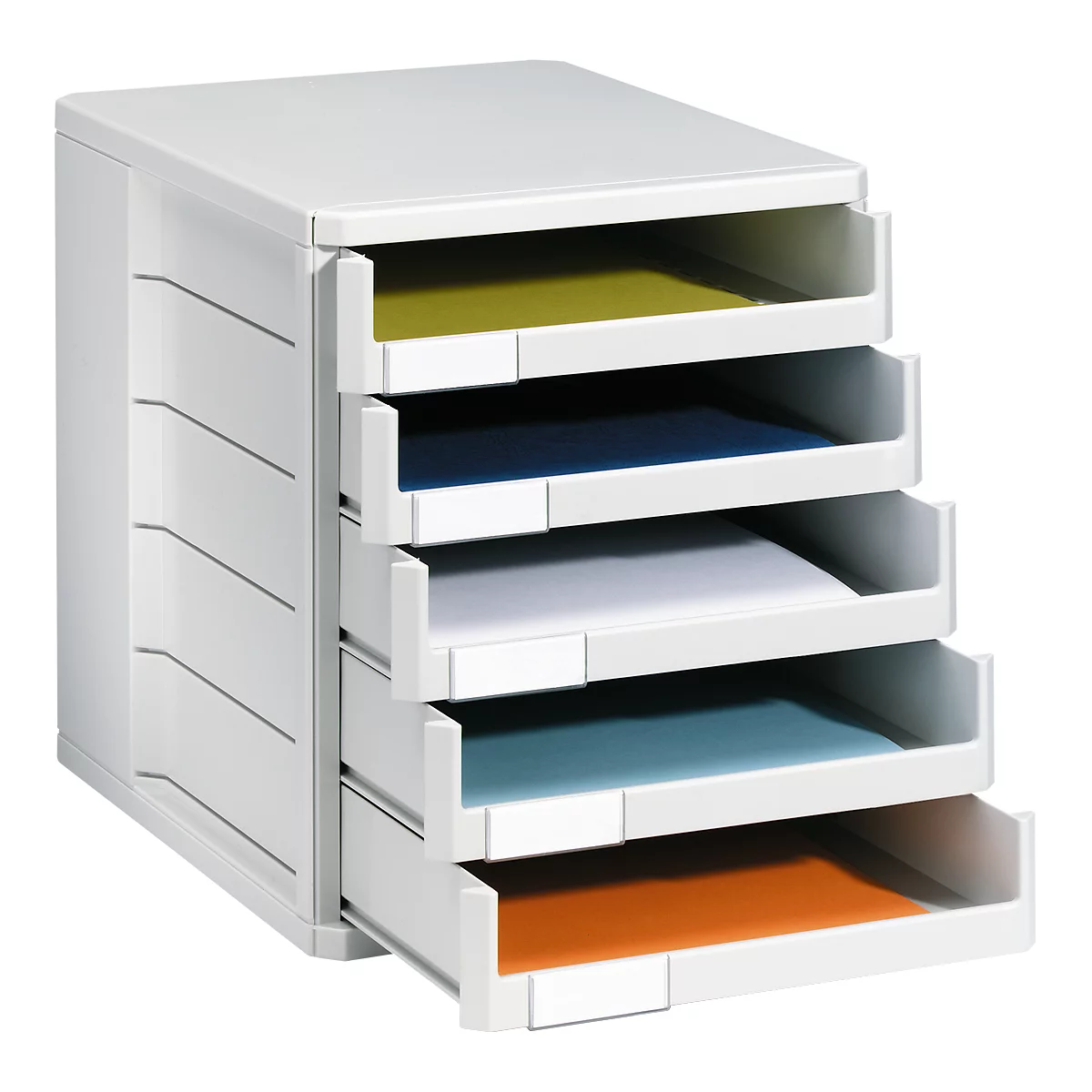 Système de classement blanc avec cinq tiroirs, remplis de papier coloré.
