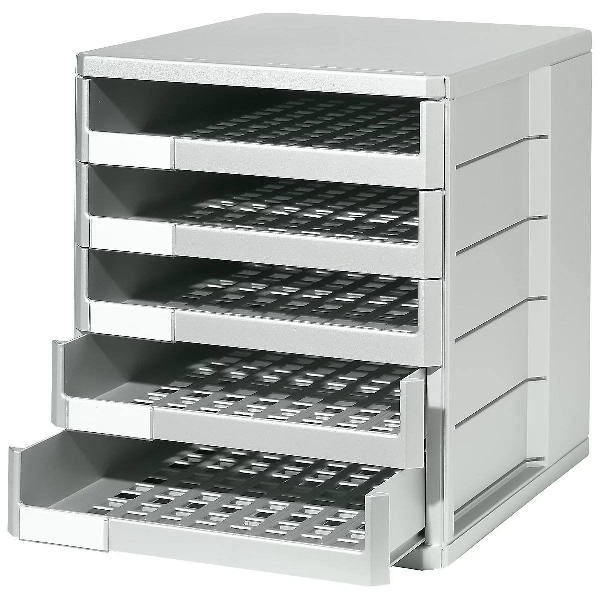 Organisateur de documents gris avec 5 tiroirs, dont deux ouverts.