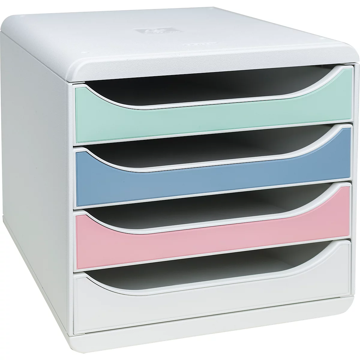 Système de classement de bureau blanc avec quatre tiroirs colorés aux couleurs pastel, empilés.