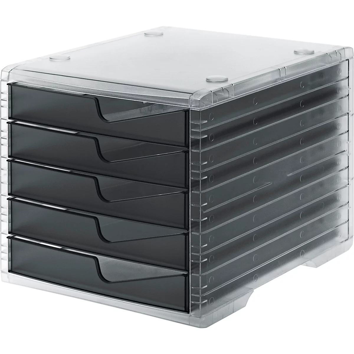 Boîte à tiroirs grise avec cinq compartiments, couvercle transparent et cadre gris.
