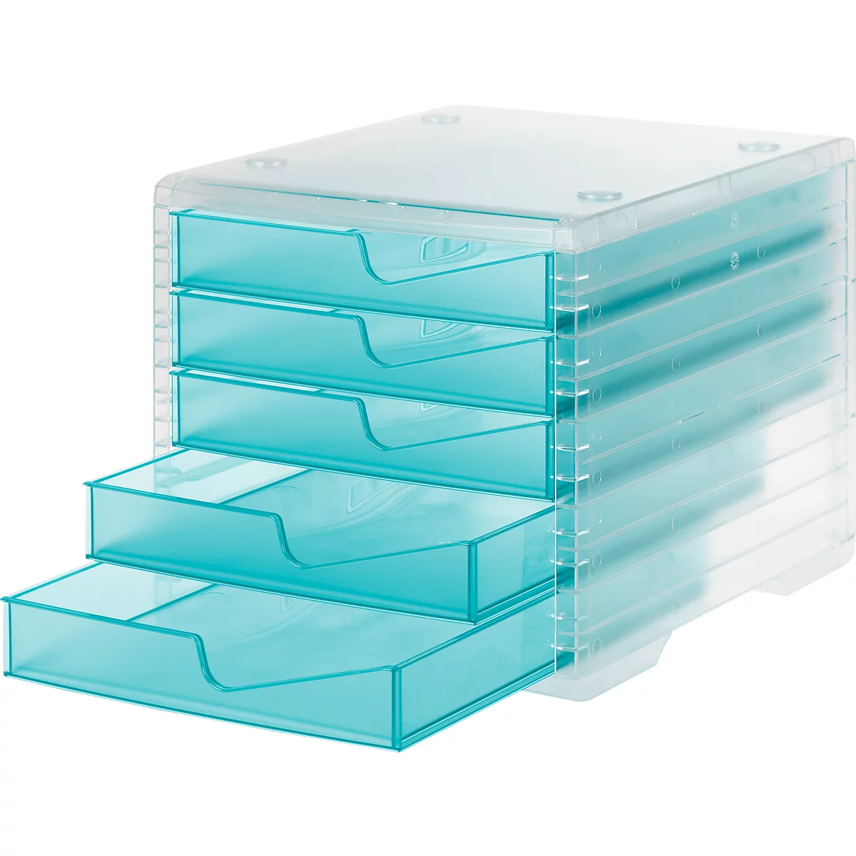 Organisateur de bureau transparent avec 5 tiroirs. Quatre tiroirs fermés, un légèrement ouvert.