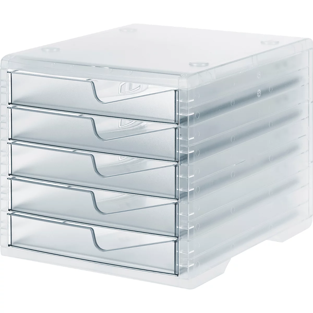 Bac de rangement en plastique transparent avec 5 tiroirs. Poignées en métal sur les tiroirs. Empilable.