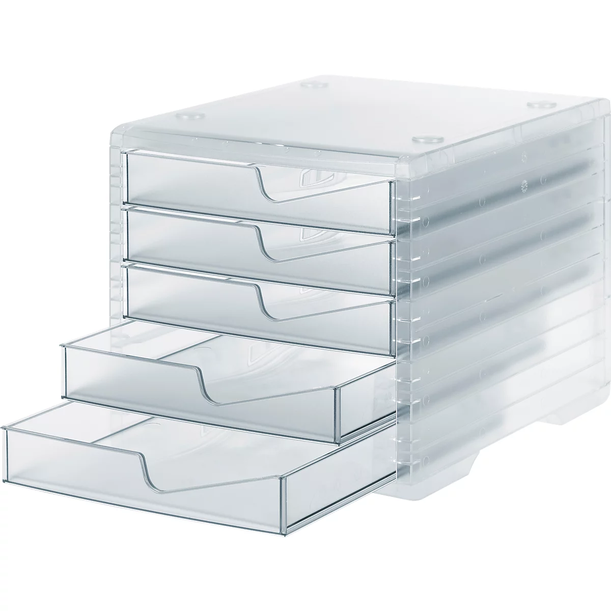 Organisateur de bureau empilable transparent avec cinq tiroirs, dont un ouvert.
