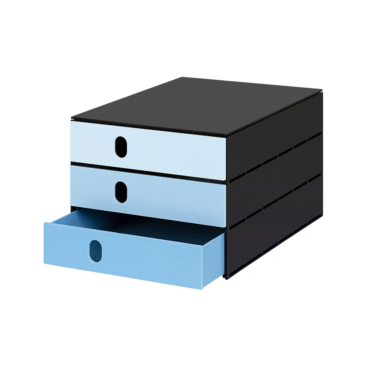 Organisateur de bureau noir avec trois tiroirs bleu clair. Un tiroir est ouvert.