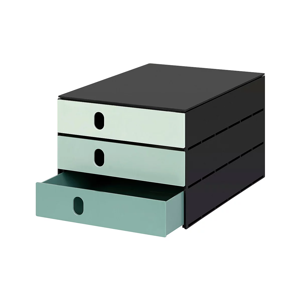 Rangement de bureau noir avec trois tiroirs : vert clair, gris clair et un tiroir ouvert.