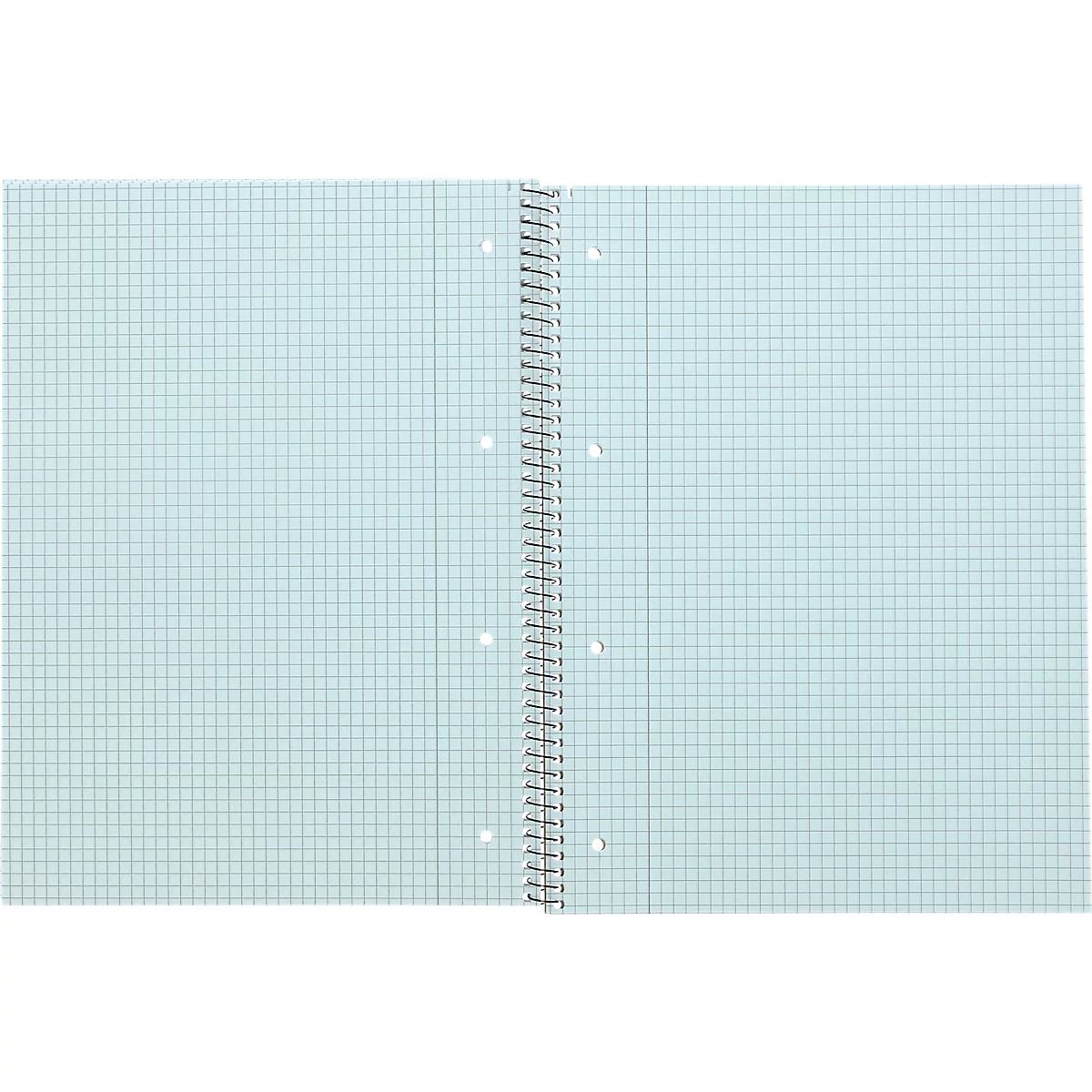 Cahier ouvert avec papier quadrillé bleu clair et reliure spirale.