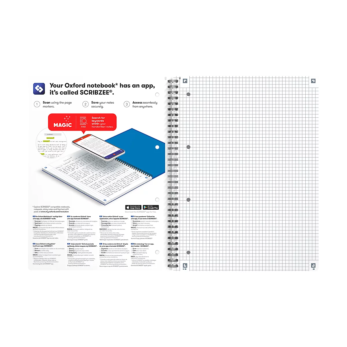 Bloc collège Office Oxford, format A4+, 70 feuilles quadrillées, lot de 5, bleu
