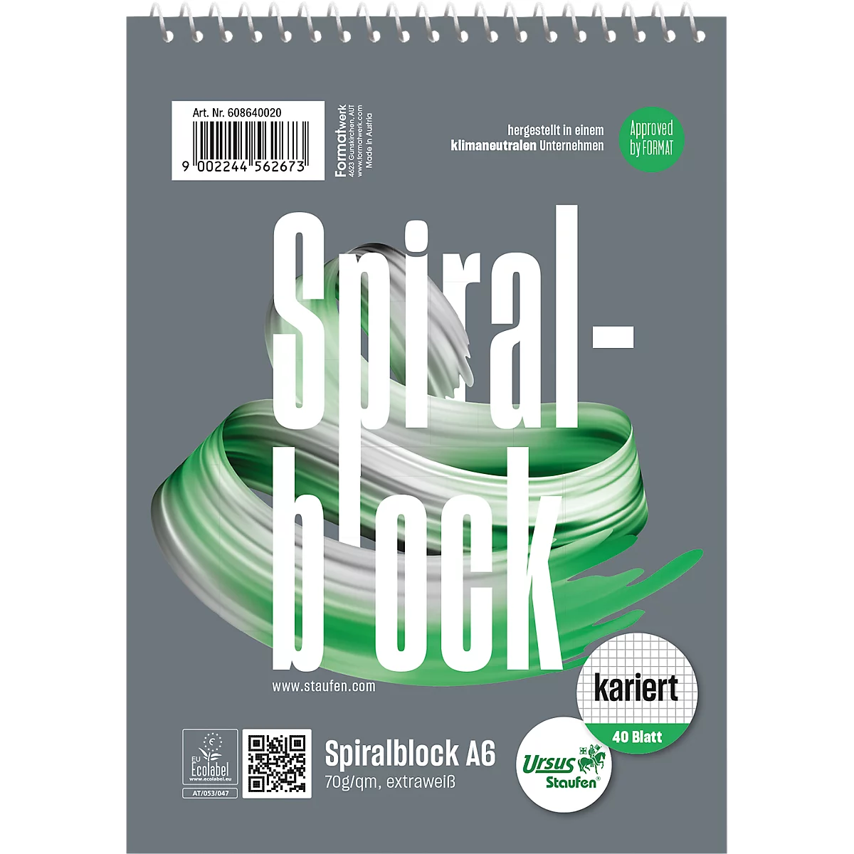 Bloc-notes à spirale gris avec des accents verts et l'inscription "Spiralblock", à carreaux, format A6.