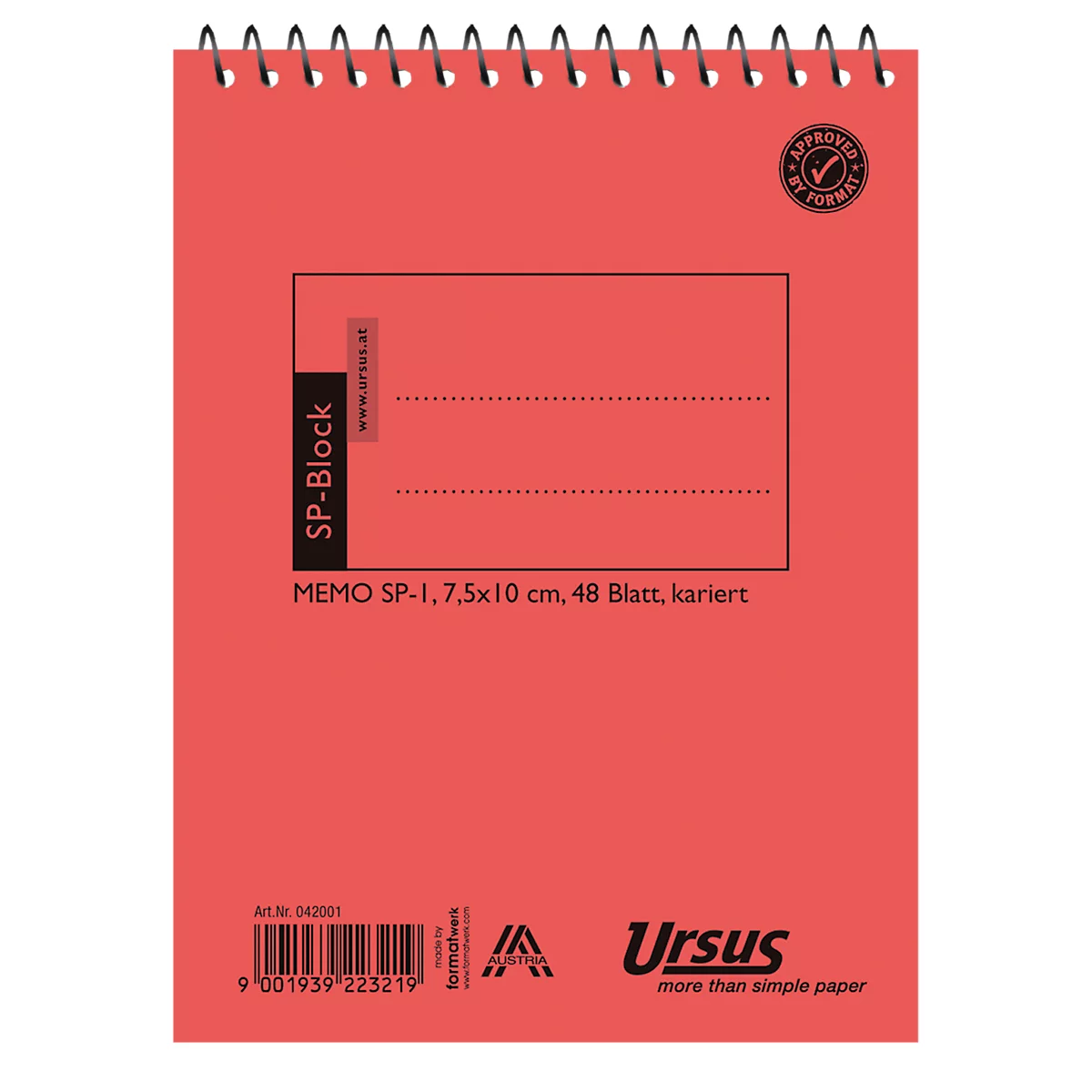 Bloc-notes rouge avec spirale. Impressions : SP-Block, MEMO SP-1, quadrillé, logo Ursus.