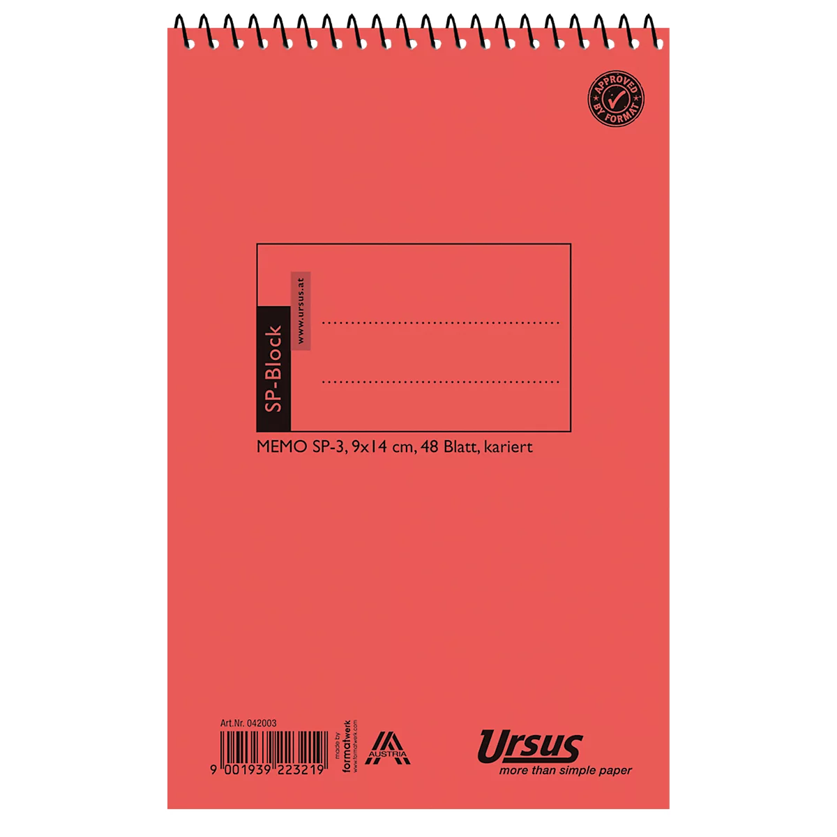 Bloc-notes rouge avec spirale et zone de texte noire. Inscription : SP-Block, 9x14 cm, 48 feuilles, quadrillé.