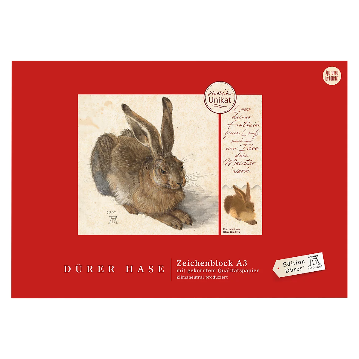 Bloc de croquis rouge avec une peinture de lièvre d'Albrecht Dürer, texte : "Dürer Hase".