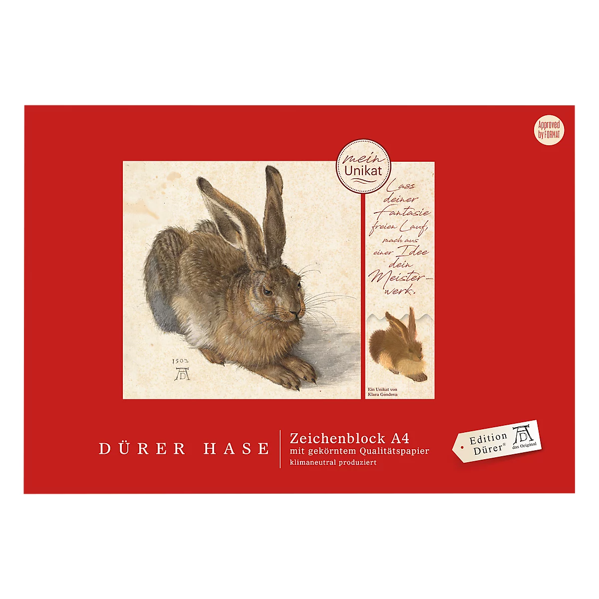 Carnet de croquis avec une peinture de lièvre d'Albrecht Dürer, entourée d'un cadre rouge. Texte en dessous.